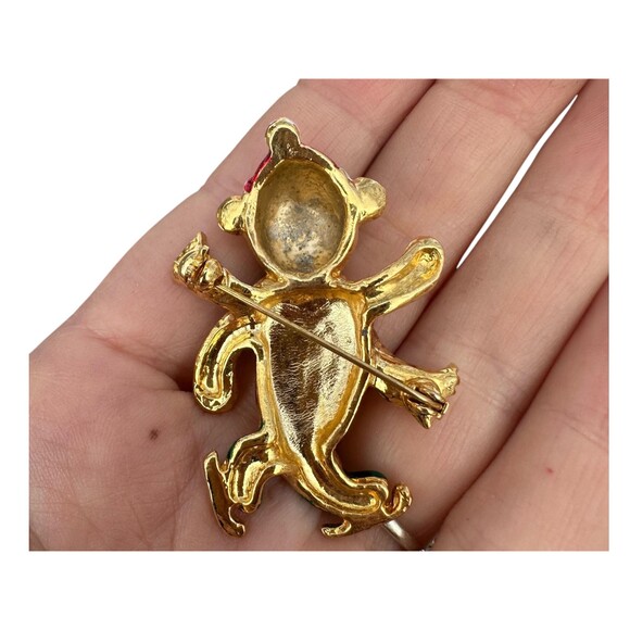 Vintage Jewelry Enamel Rhinestone Gold Ice Skating Christmas Bear Brooch Pin - Picture 2 of 2